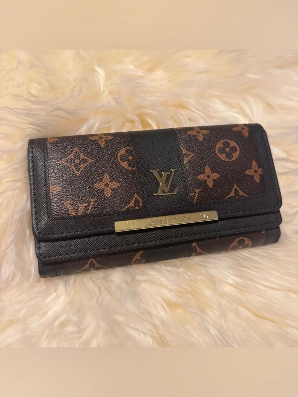 LV Style Monogram Wallet Brown Gold Hardware Envelope Slim Chic